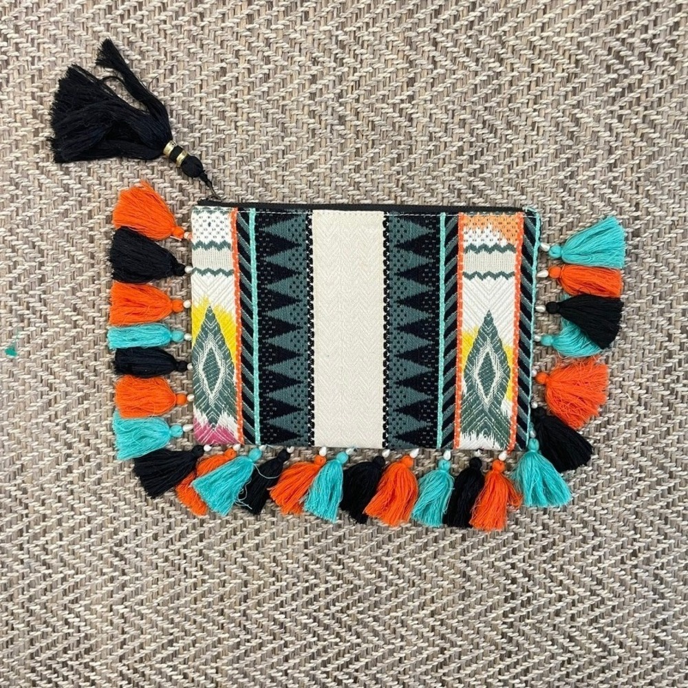 Woven Tapestry Clutch‎ Women OS Multicolor Tassel Geometric Southwest